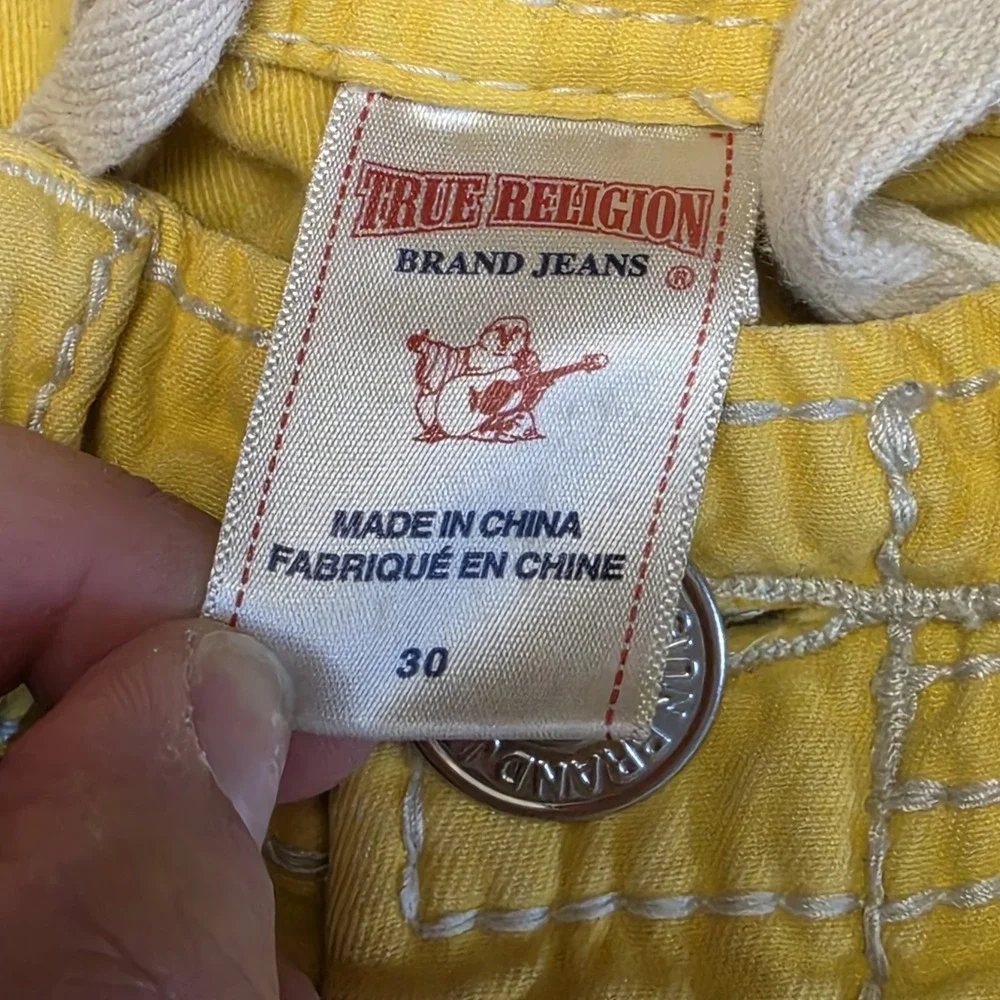 True‎ Religion Cargo Jean Shorts Y2K Yellow Jorts Streetwear Hip Hop Embroidered